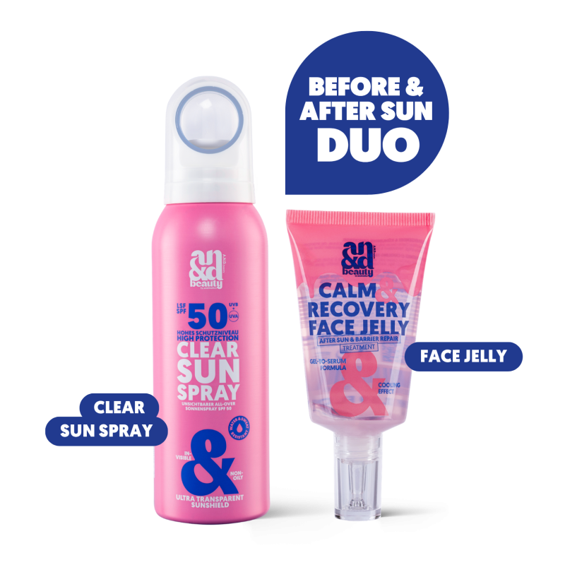 Before & After Sun Duo – Clear Sun Spray SPF 50 & Calm & Recover Face Jelly | A.N.D. beauty