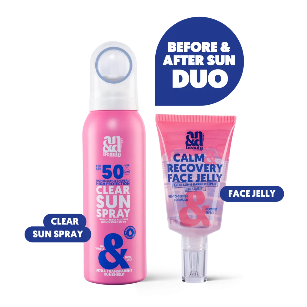 Before & After Sun Duo – Clear Sun Spray SPF 50 & Calm & Recover Face Jelly | A.N.D. beauty