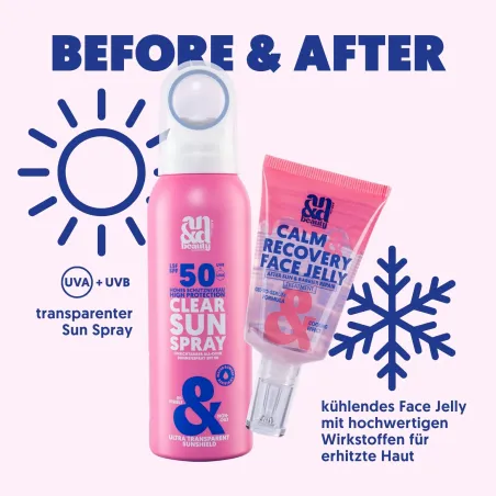 Before & After Sun Duo – Clear Sun Spray SPF 50 & Calm & Recover Face Jelly | A.N.D. beauty