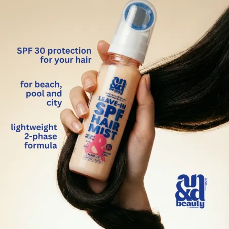 SPF Hair Mist SPF 30 Spray & SPF lightweight leave-in formula and leave-in conditioner on the beach