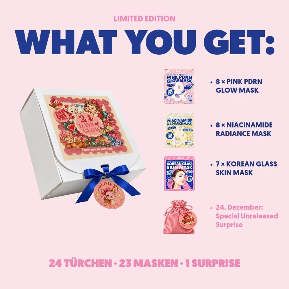 24 Days of Glow Adventskalender Inhalt: 8 Pink PDRN Glow Masks, 8 Niacinamide Radiance Masks, 7 Korean Glass Skin Masks und 1 Secret Surprise