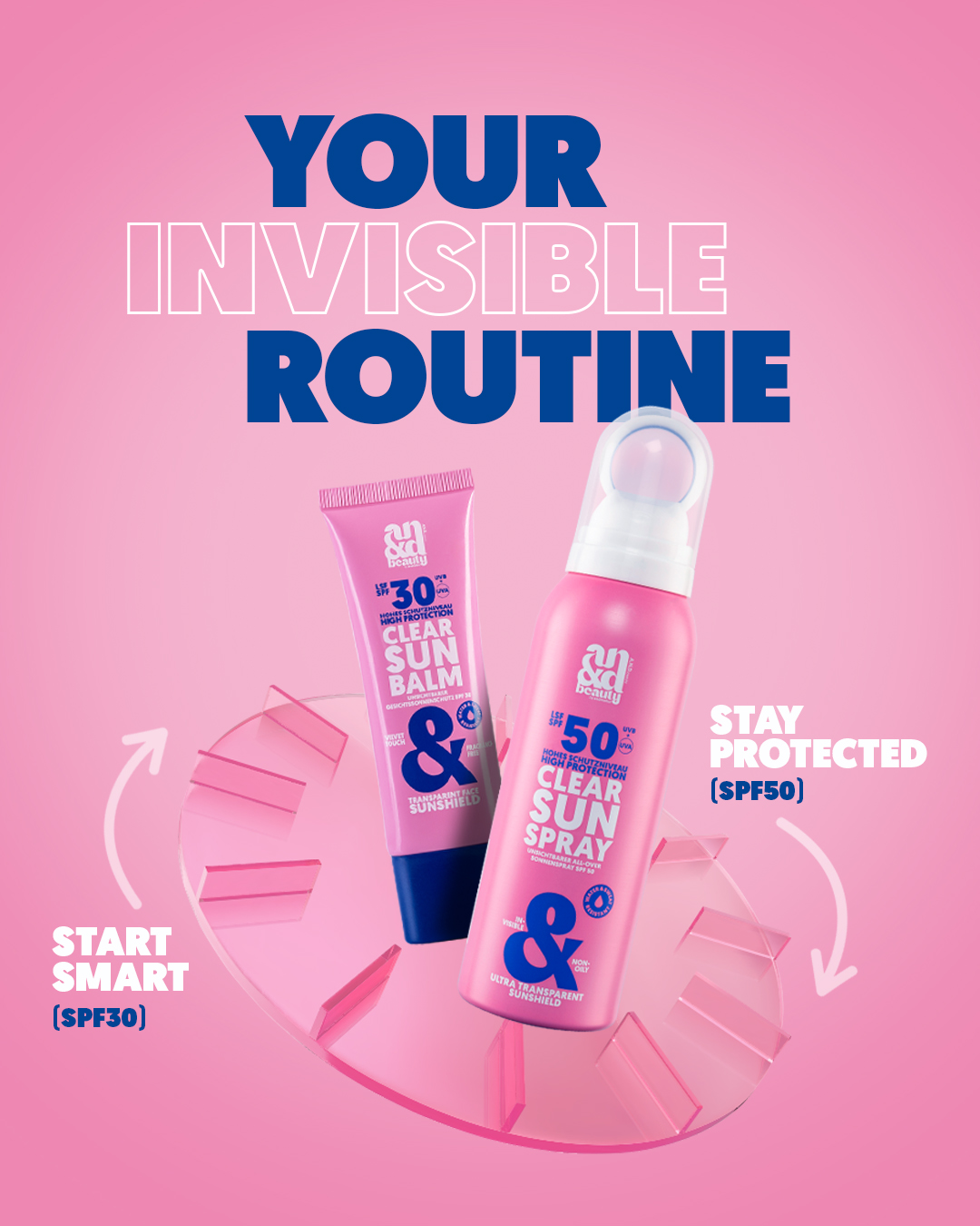 Your invisible SPF routine with SPF 30 and 50 by A.N.D. beauty, clear Sun Balm and Sun Spray